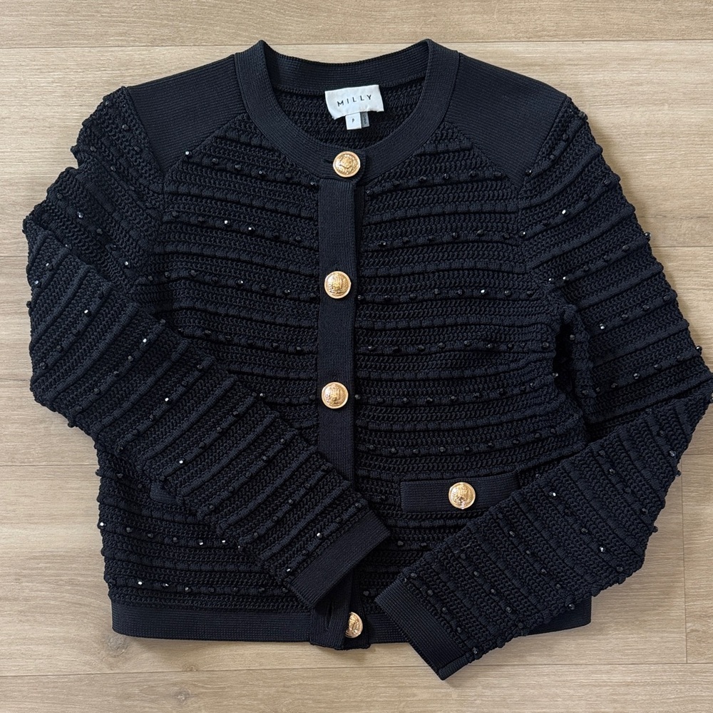 Milly Black Knit Cardigan with Gold Buttons